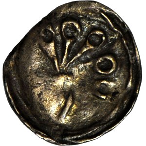 RR-, Pomorze zachodnie, Uznam, Denar XIV w., Hełm z piórami/ Gryf