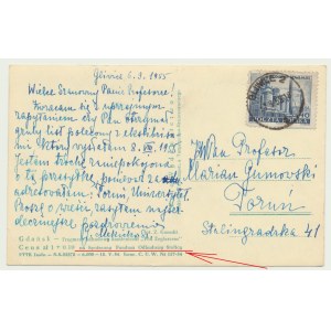 Postcard - brick 1zl+10gr from 1955 for rebuilding the capital; J. MĘKICKIE to prof. GUMOWSKI
