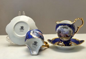 Pair of cobalt chocolate cups - hand-decorated porcelain - Carlsbad Czech Republic