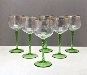 Set of six wine glasses on a green leg - Czechoslovakia 1960s