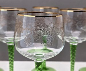 Set of six wine glasses on a green leg - Czechoslovakia 1960s