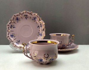Pair of cups - pink porcelain - forget-me-nots - Czechoslovakia 1990s