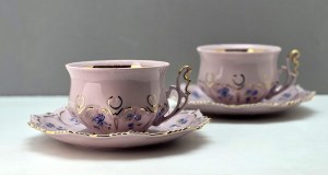 Pair of cups - pink porcelain - forget-me-nots - Czechoslovakia 1990s
