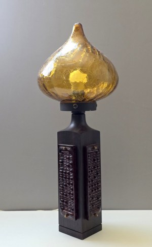 Designer lamp honey glass and teak wood - Sweden 1970s