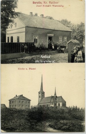 Borucin, Borutin, Josef Nowak's Warenhdig, Kirche u. Pfarrei