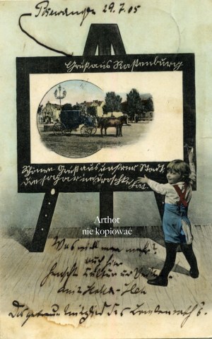 Ketrzyn, Rastenburg, postal stagecoach on board (collage)