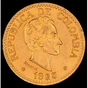 Colombia. 5 Pesos 1925 Double Die Reverse Gold
