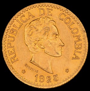 Colombia. 5 Pesos 1925 Double Die Reverse Gold