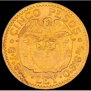 Colombia. 5 Pesos 1925 Double Die Reverse Gold