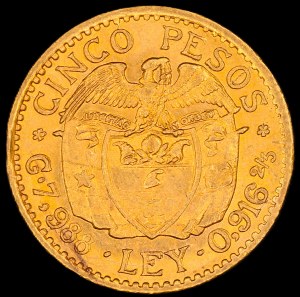 Colombia. 5 Pesos 1925 Double Die Reverse Gold