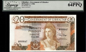 Gibraltar. 1986 20 Pounds Prefix A
