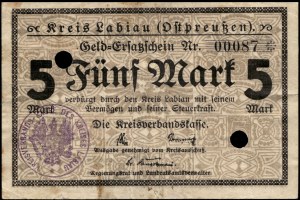 Russia. Labiau / Polessk 5 Mark 1918 Cancelled Low S/N 87 Niski Numer Cancelled