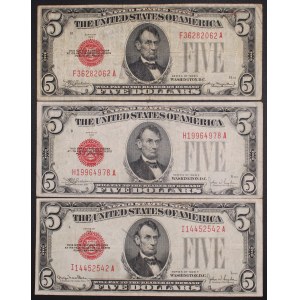 United States of America. 1928 C E F 5 Dollars Legal Tender Notes Lot 3 Pieces