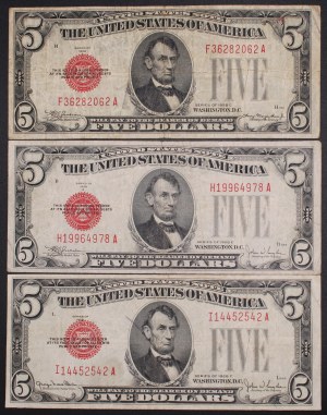 United States of America. 1928 C E F 5 Dollars Legal Tender Notes Lot 3 Pieces