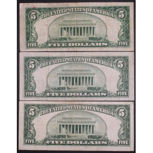United States of America. 1928 C E F 5 Dollars Legal Tender Notes Lot 3 Pieces