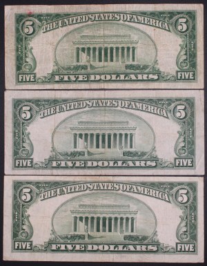 United States of America. 1928 C E F 5 Dollars Legal Tender Notes Lot 3 Pieces