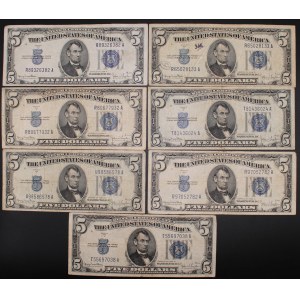 United States of America. 1934 D 5 Dollars Silver Certificate Lot 7 Pieces