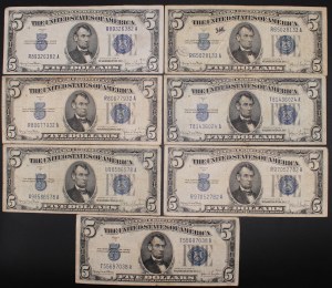 United States of America. 1934 D 5 Dollars Silver Certificate Lot 7 Pieces