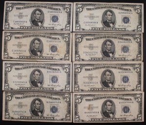 United States of America. 1953 5 Dollars Silver Certificate Lot 8 Pieces