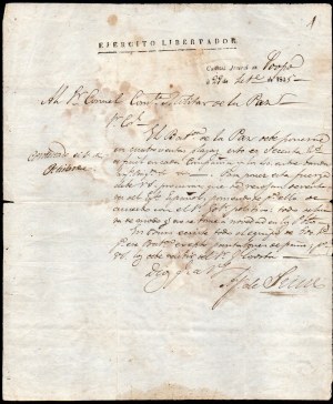 Bolivia. Letter Written & Signed By Jose Antonio de Sucre Poopo 29 September 1825