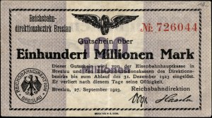 Poland. Wrocław 100 Millionen Marek 1923 Reichsbahn
