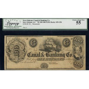 United States of America. 1840s 100 Dollars New Orleans Canal & Banking Co. Louisiana Plate A