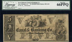 United States of America. 1850s 5 Dollars New Orleans Canal & Banking Co. Louisiana Plate D