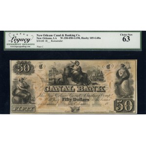 United States of America. 1850s 50 Dollars New Orleans Canal & Banking Co. Louisiana Plate C