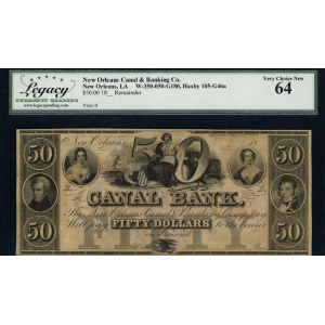 United States of America. 1850s (Pre 1854) 50 Dollars New Orleans Canal & Banking Co. Louisiana Plate B
