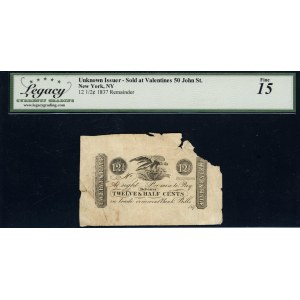 United States of America. 1837 12 1/2 Cents Feuchtwanger Banknote 50 John Street