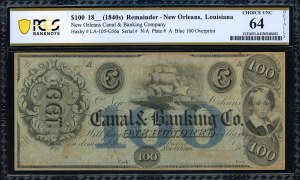 United States of America. 1840s 100 Dollars New Orleans Canal & Banking Co. Louisiana Plate A