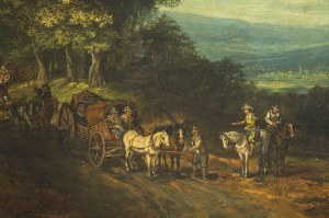 18/19th-Century Painter, A Carriage on a Wooded Road