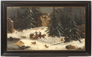 19th-century painter, Winter landscape with travelers