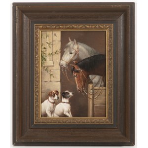 Carl Reichert 1836 - 1918), Two horses looking at two dogs