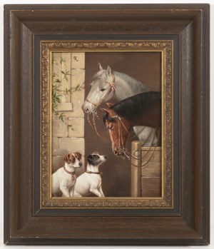 Carl Reichert 1836 - 1918), Two horses looking at two dogs