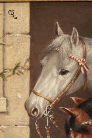 Carl Reichert 1836 - 1918), Two horses looking at two dogs