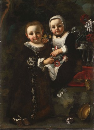 Italian Master , 17th Century Portrait of Two Children with Flowers and a Red Hat