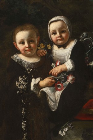 Italian Master , 17th Century Portrait of Two Children with Flowers and a Red Hat