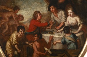 Roman painter second half of the 17th century, Peasant family at a meal, visited by satyrs