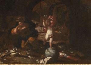 German Master 17th century, Allegory of Vanitas with lute player and putto