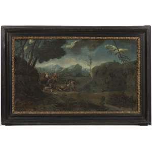 Painter of 17th/18th century, Landscape of a battle on a country road with a town in the background