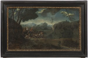 Painter of 17th/18th century, Landscape of a battle on a country road with a town in the background