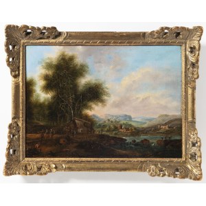 Painter of 18th century, Landscape with a Farmhouse and People by the River
