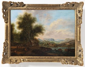 Painter of 18th century, Landscape with a Farmhouse and People by the River