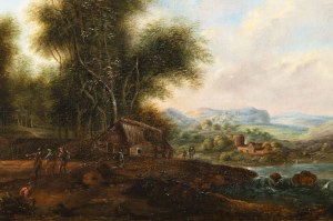 Painter of 18th century, Landscape with a Farmhouse and People by the River
