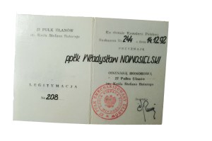 Legitimation of the Badge of Honor of the 27th Cavalry Regiment named after King Stefan Batory, ID No. 208 dated 14.12.92.