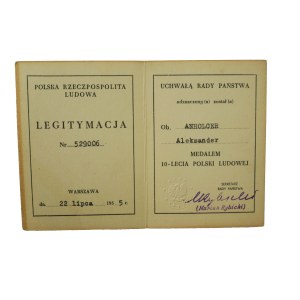Legitymacja Medal 10-lecia Polski Ludowej , datowana 22 lipca 1955,