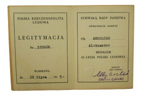 Legitimation Medal 10th Anniversary of People's Poland , dated July 22, 1955,