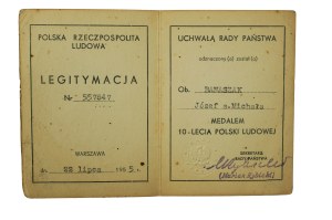 Legitymacja Medal 10-lecia Polski Ludowej , dated July 22, 1955. ,