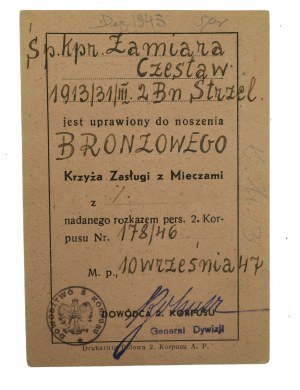 Legitimation Bronze Cross of Merit with Swords , 2nd Corps Command , dated September 10, 1947.